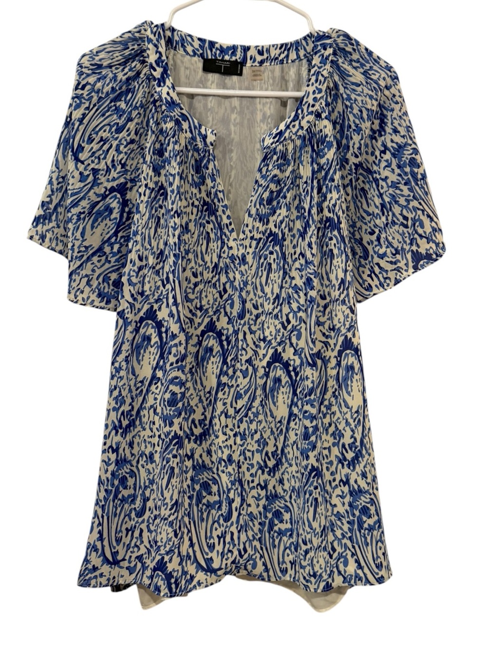 Tahari Blue White Paisley Flutter Sleeve Relaxed Blouse Tunic Plus Size 3X